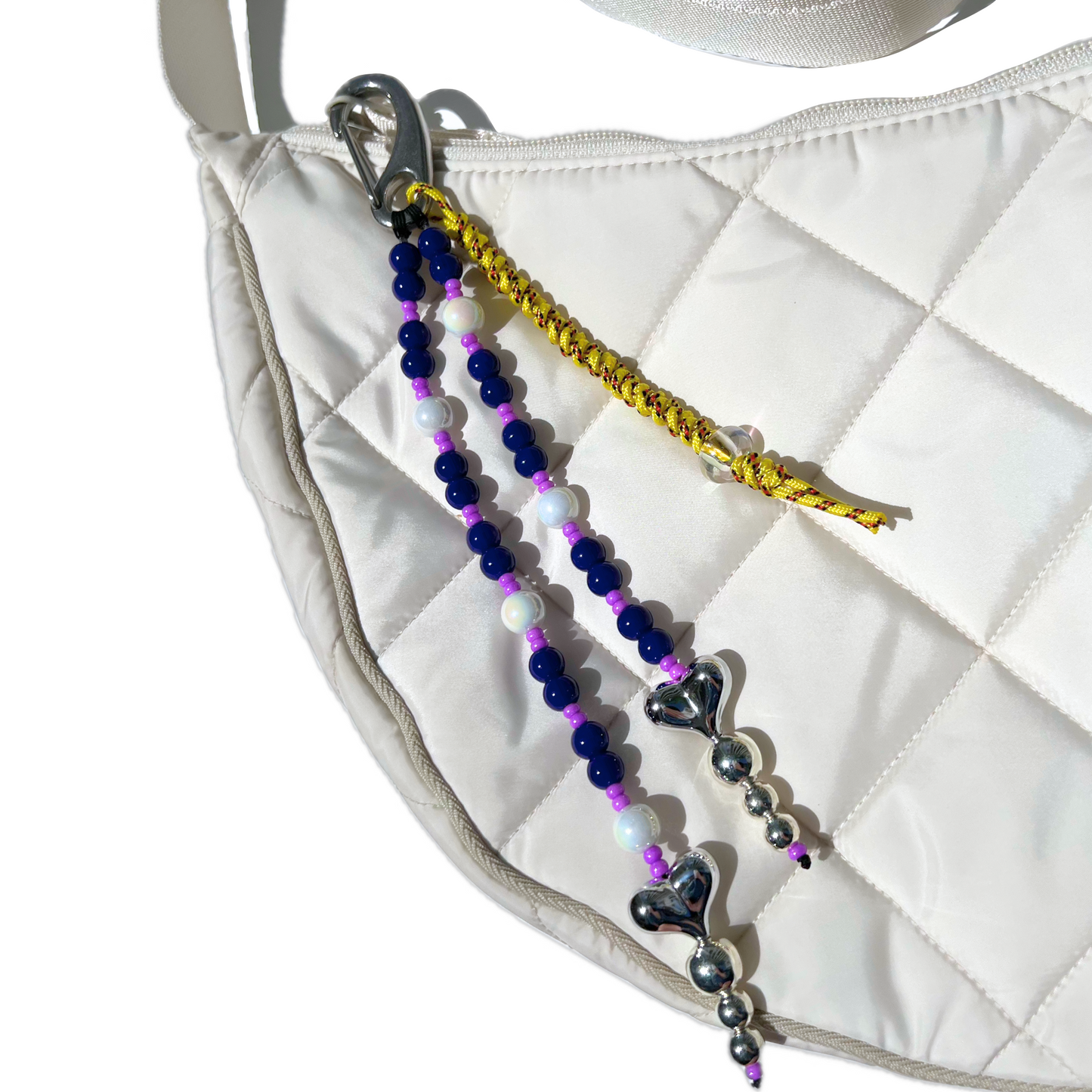 Navy Blue & Lilac Chrome Heart Beaded Bag Charm – Bold Statement Keychain