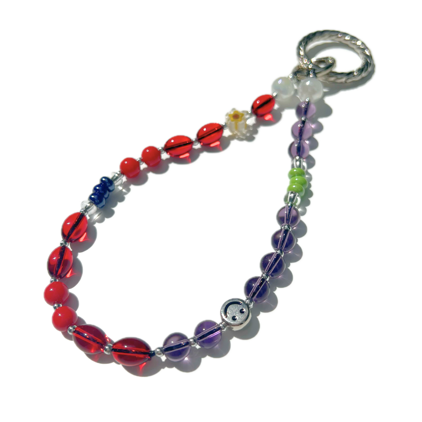 Colorful beaded keychain on a white background