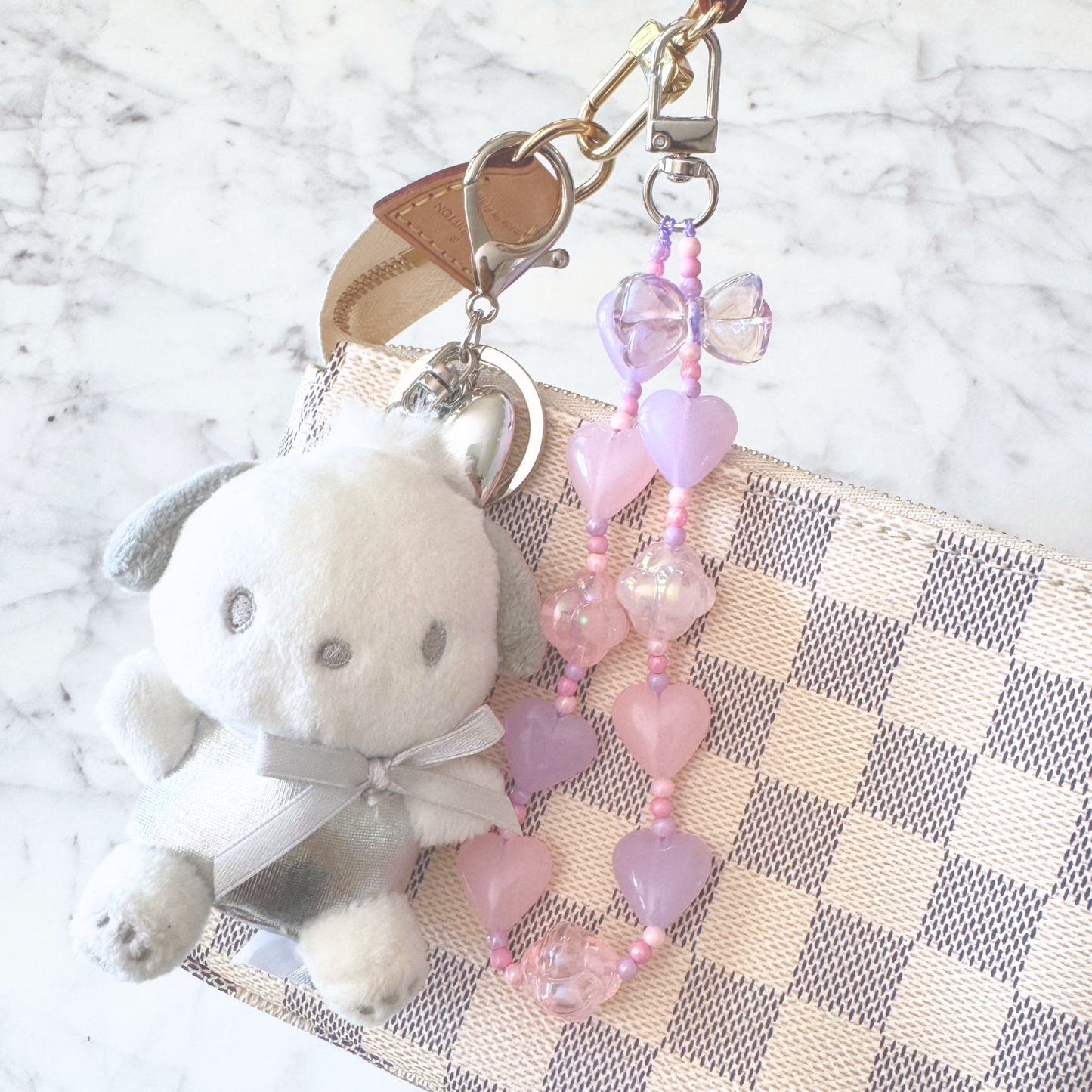 Cute Pink Heart Bag Charm on Louis Vuitton luxury bag