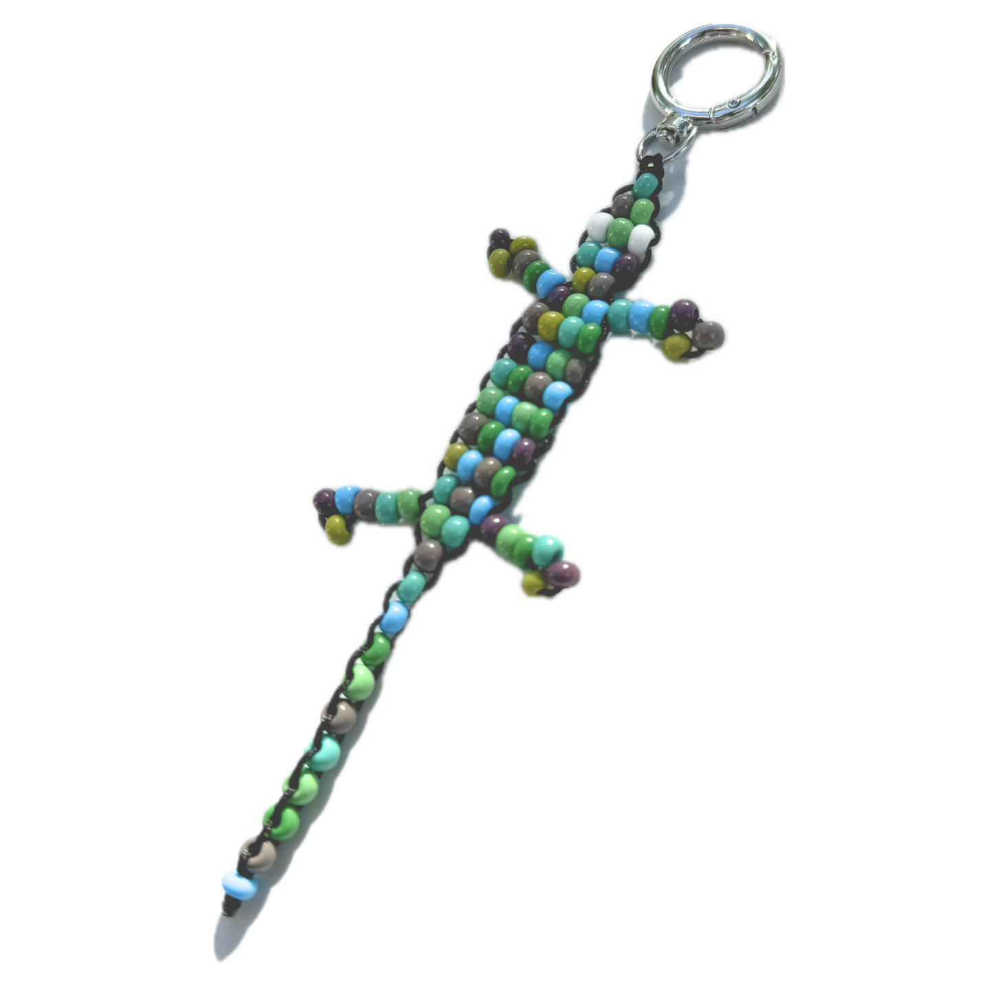 Beaded Green Gecko Bag Charm shown in angled view, handmade with green, turquoise, and earthy-toned beads in a playful lizard silhouette.