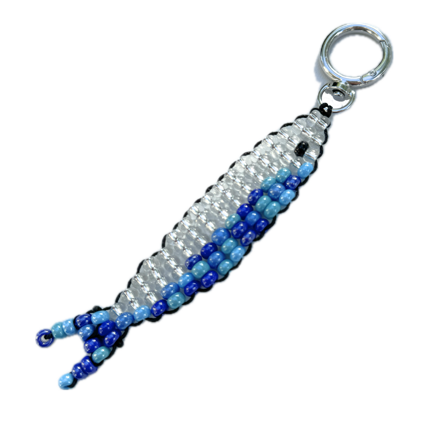 Handmade novelty keychain in a whimsical fish design, crafted with silver and blue beads, displayed on a flat surface for detail.