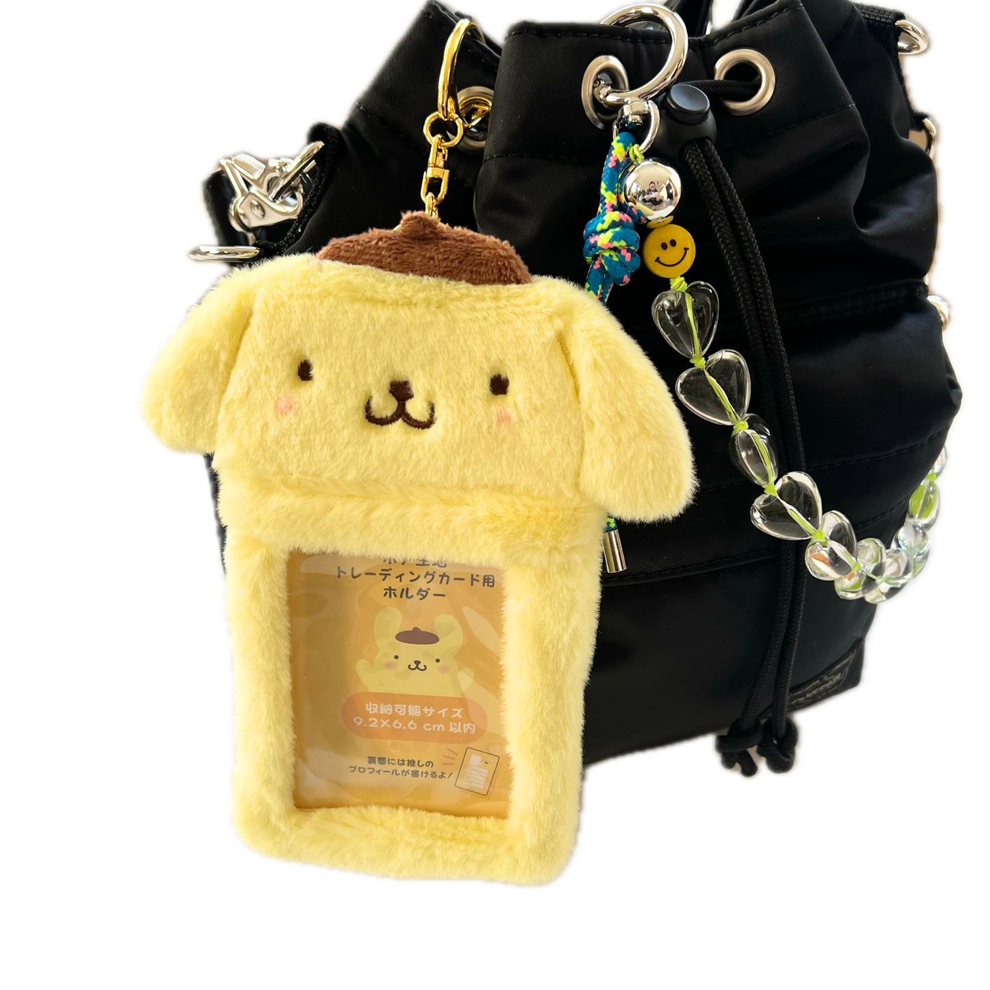 pompompurin plush photocard ID badge holder keychain added to a purse as a bag charm