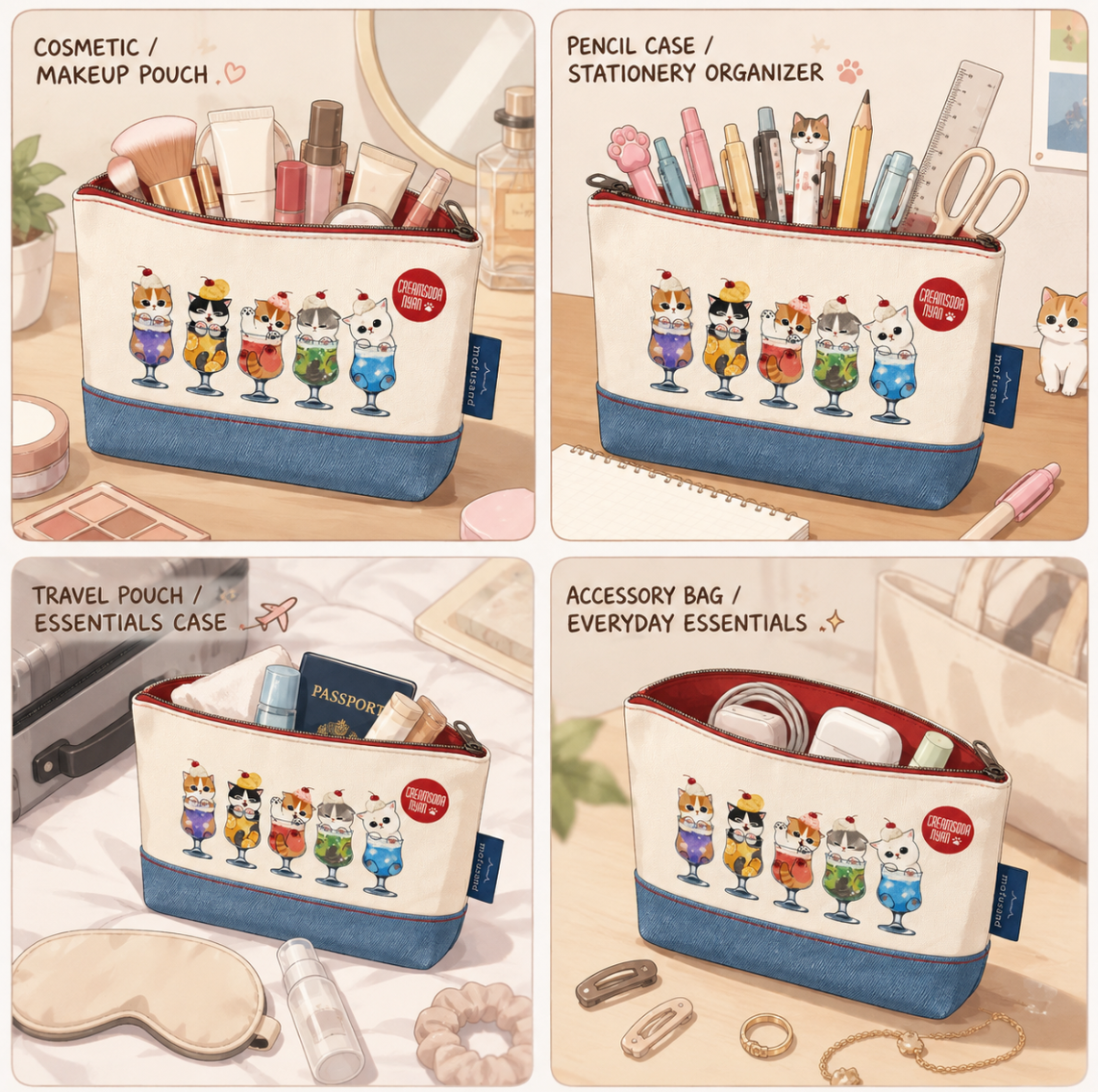 Illustrated examples of the Mofusand Cream Soda Cat pouch used for makeup, cosmetics, stationery, travel accessories and everyday essentials