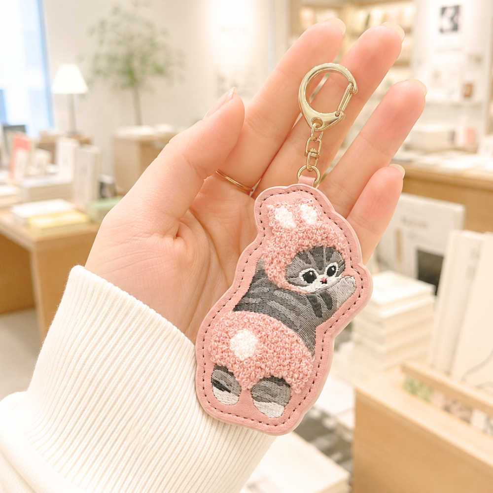 Mofusand pink bunny costume cat embroidered keychain bag charm held in hand for size reference