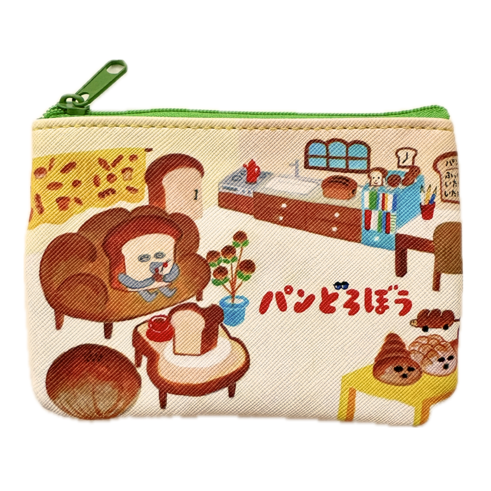Front view of Pan Dorobou ‘Bread Bandit’ canvas tissue pouch featuring cute bread thief illustration