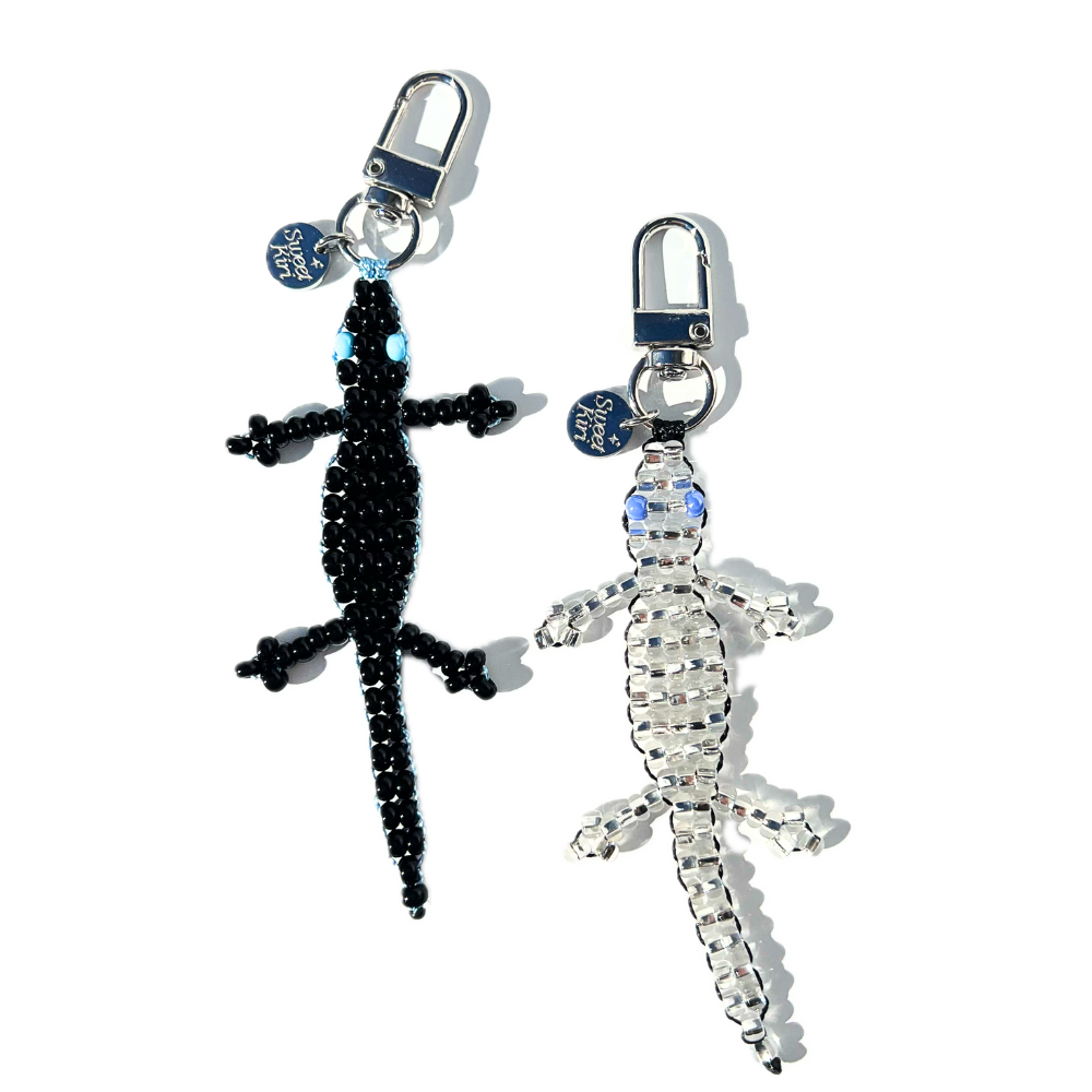 Mini Beaded Black Gecko Bag Charm - Handmade Lizard Keychain