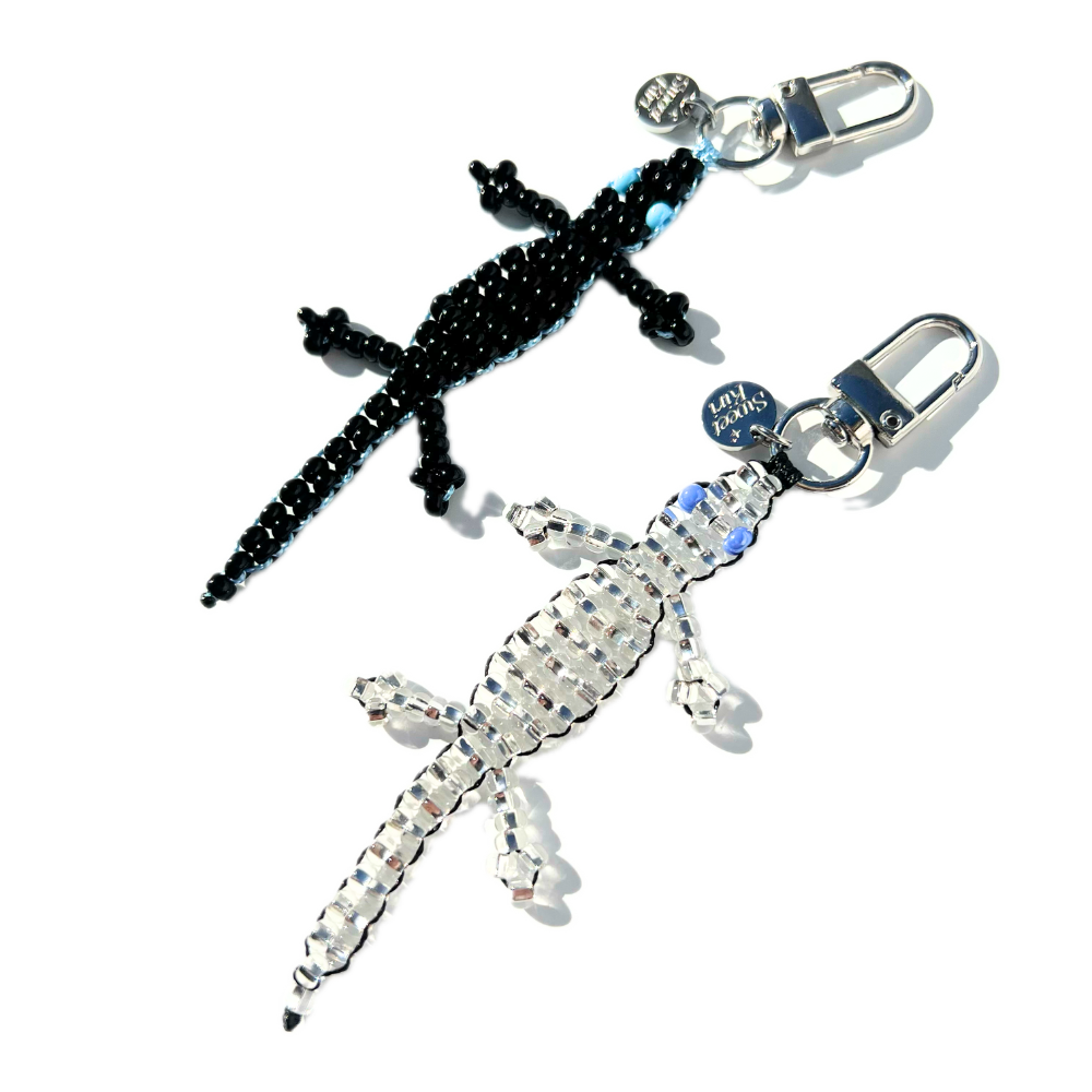 Mini Beaded Black Gecko Bag Charm - Handmade Lizard Keychain