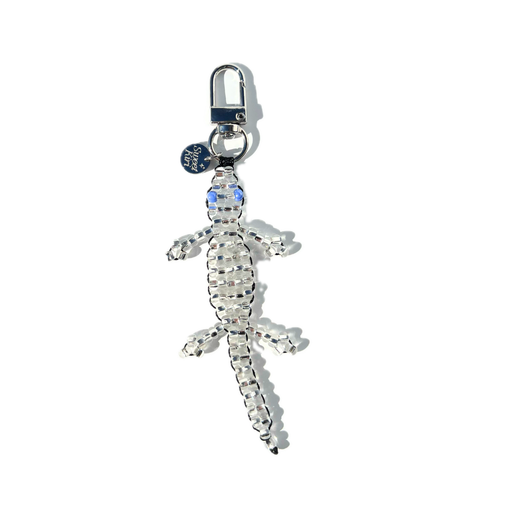 Mini Beaded Silver Gecko Bag Charm - Handmade Lizard Keychain