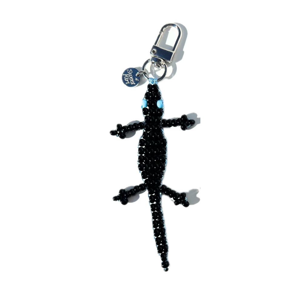 Mini Beaded Black Gecko Bag Charm - Handmade Lizard Keychain
