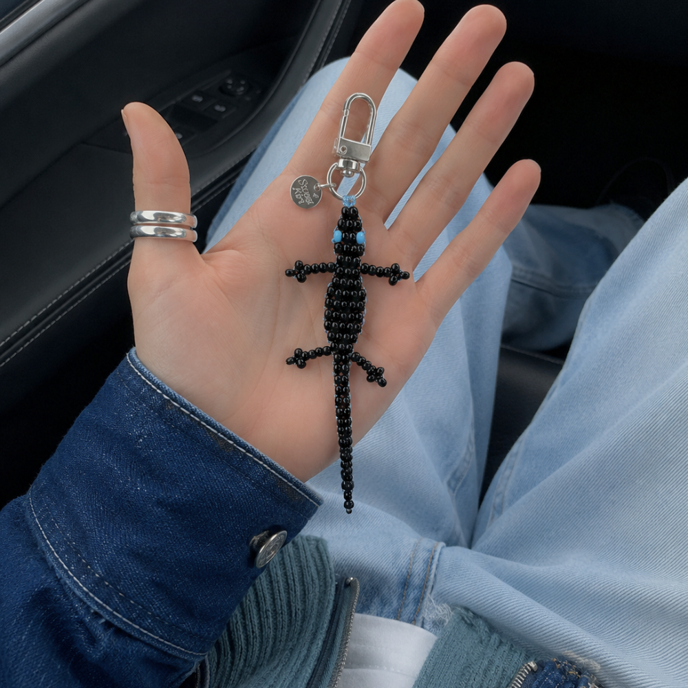 Mini Beaded Black Gecko Bag Charm - Handmade Lizard Keychain