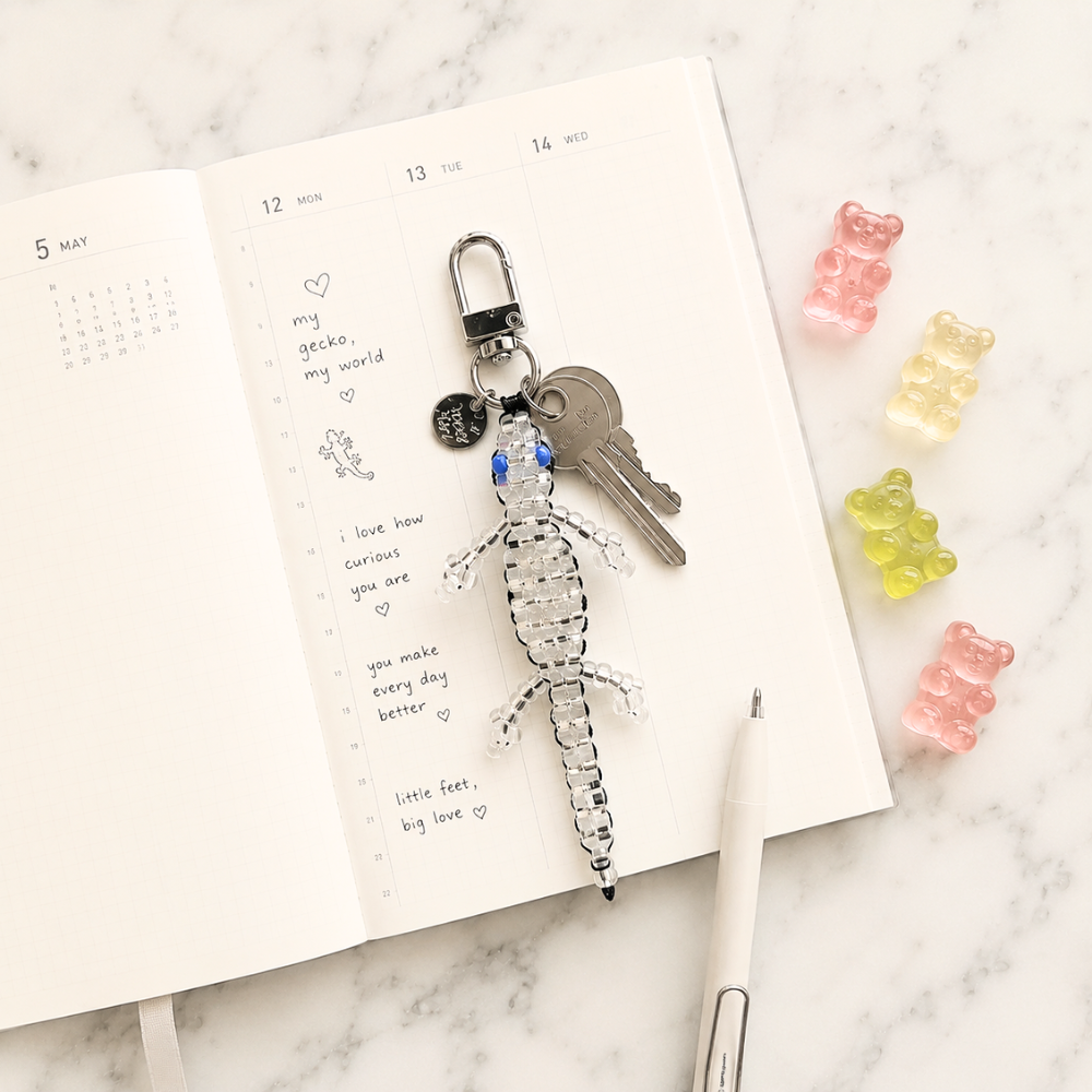Mini Beaded Silver Gecko Bag Charm - Handmade Lizard Keychain