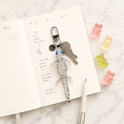 Mini Beaded Silver Gecko Bag Charm - Handmade Lizard Keychain