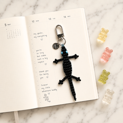 Mini Beaded Black Gecko Bag Charm - Handmade Lizard Keychain