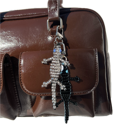 Mini Beaded Black Gecko Bag Charm - Handmade Lizard Keychain