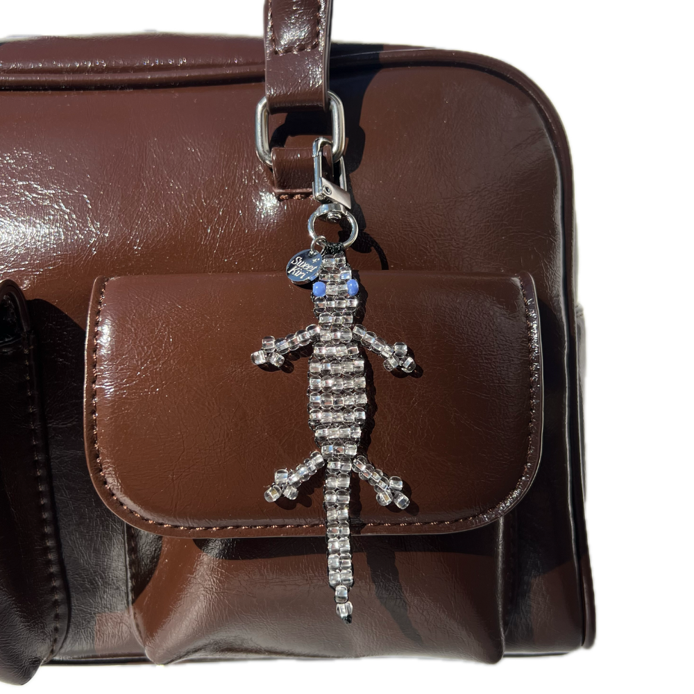 Mini Beaded Silver Gecko Bag Charm - Handmade Lizard Keychain