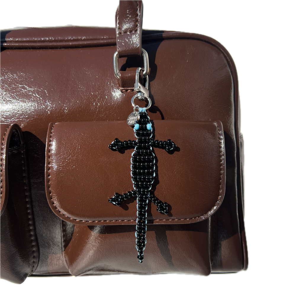Mini Beaded Black Gecko Bag Charm - Handmade Lizard Keychain