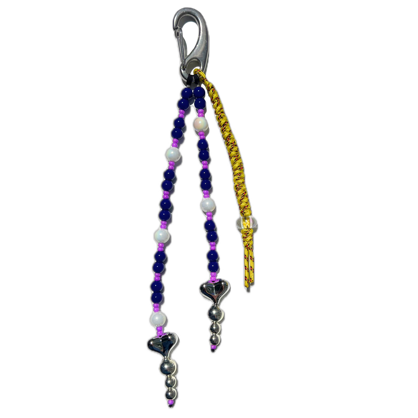 Navy Blue & Lilac Chrome Heart Beaded Bag Charm – Bold Statement Keychain