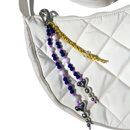 Navy Blue & Lilac Chrome Heart Beaded Bag Charm – Bold Statement Keychain