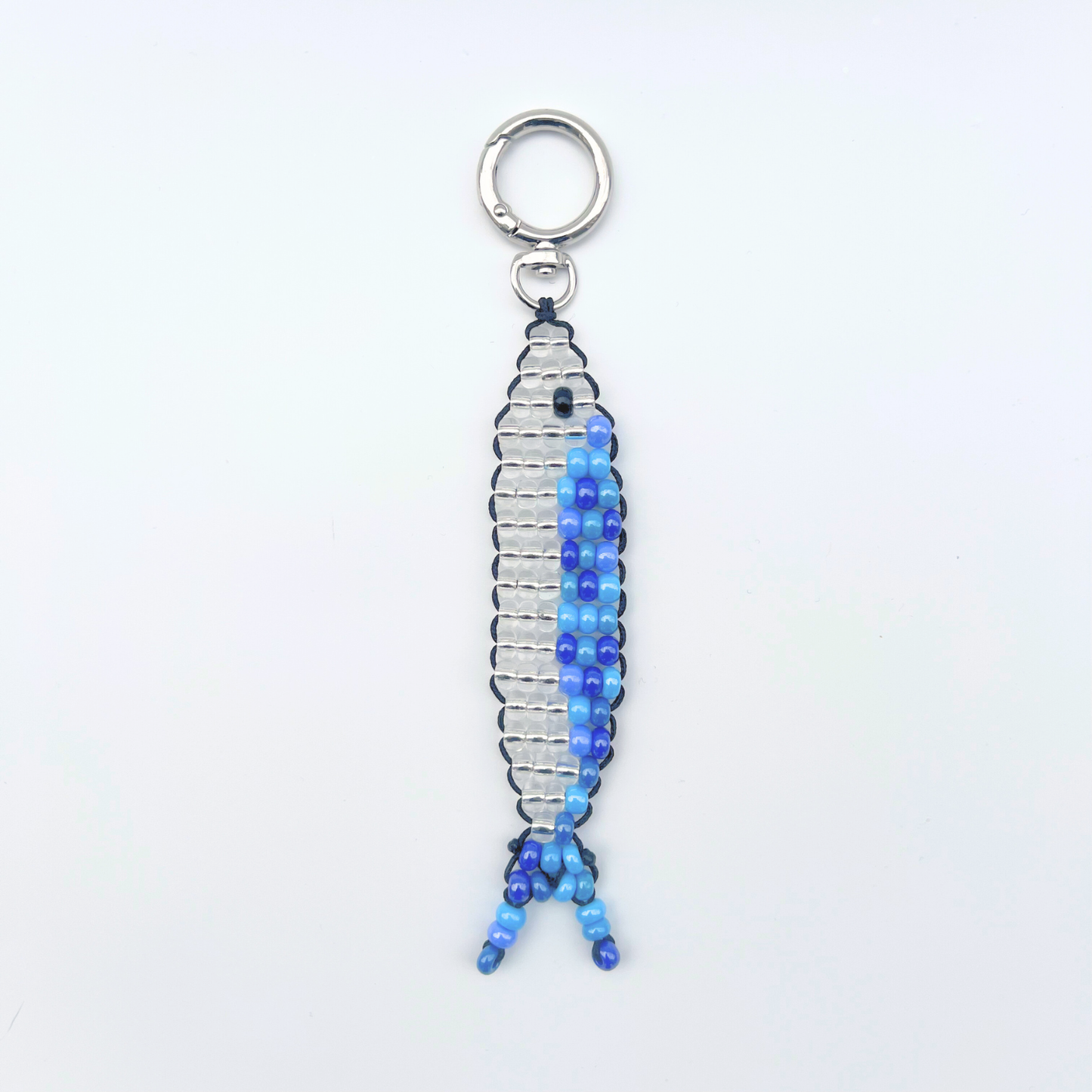 Single blue and silver beaded sardine fish bag charm photographed front-facing on a white background with metal keyring.