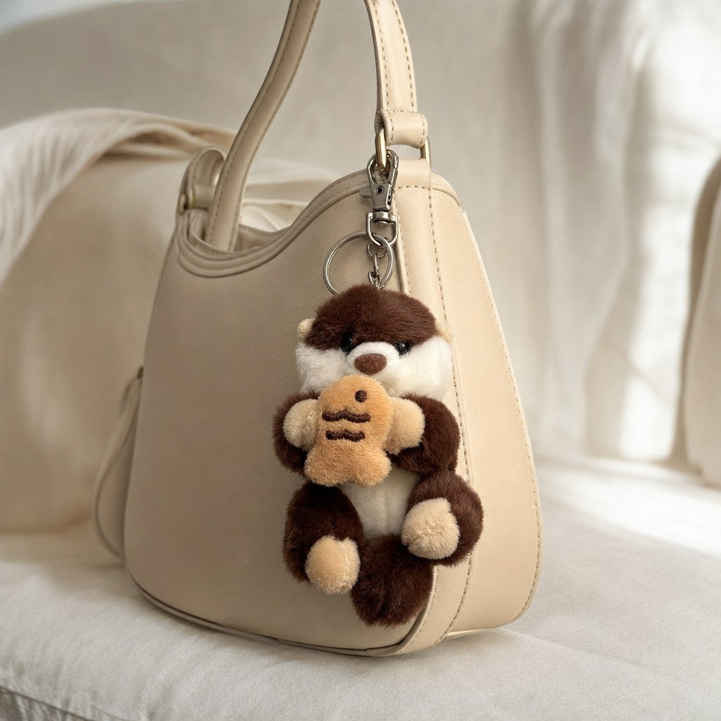 Dark brown sea otter plush bag charm holding taiyaki clipped to a handbag. Cute Japanese character keychain