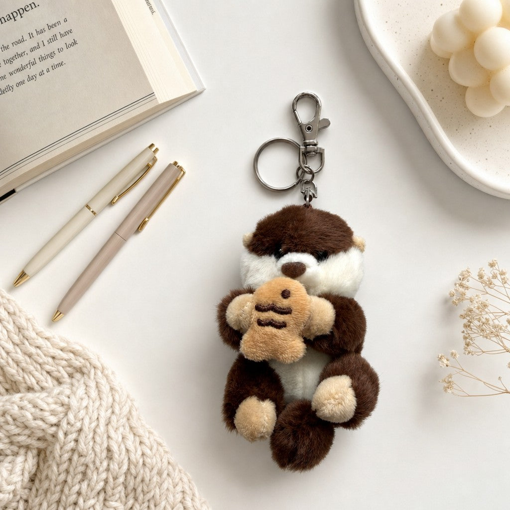 Dark brown sea otter Rakko-san holding Japanese fish snack taiyaki plush bag charm, styled flatlay