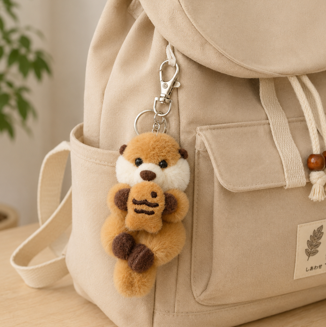 A fluffy Japanese otter hugging fish keychain charm hanging from a metal clasp on the side pocket of a beige bag. 