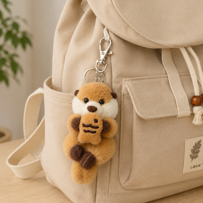 A fluffy Japanese otter hugging fish keychain charm hanging from a metal clasp on the side pocket of a beige bag. 