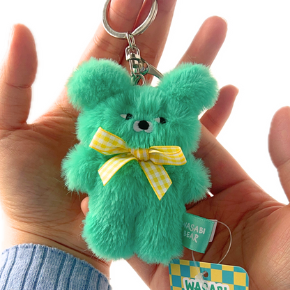 Line Friends Wasabi Bear plush keychain being held in hand to show size