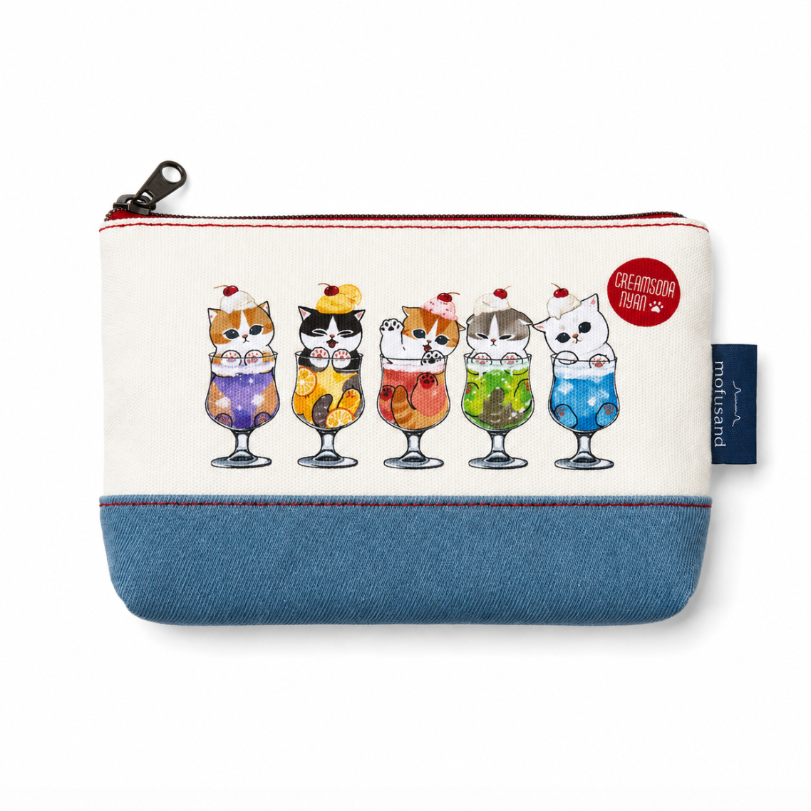 Mofusand Cream Soda Cats 8 x 5 inch zipper pouch front view, Japan-exclusive import with cream and blue design
