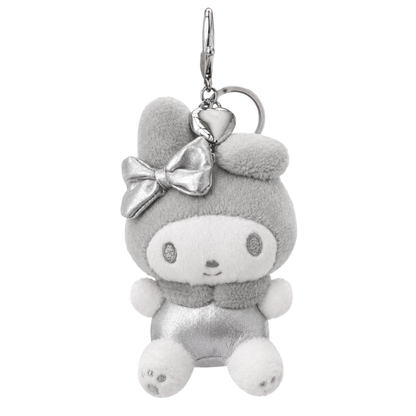 Sanrio My Melody Y2K silver plush keychain bag charm with metallic bow, heart charm, and lobster clasp