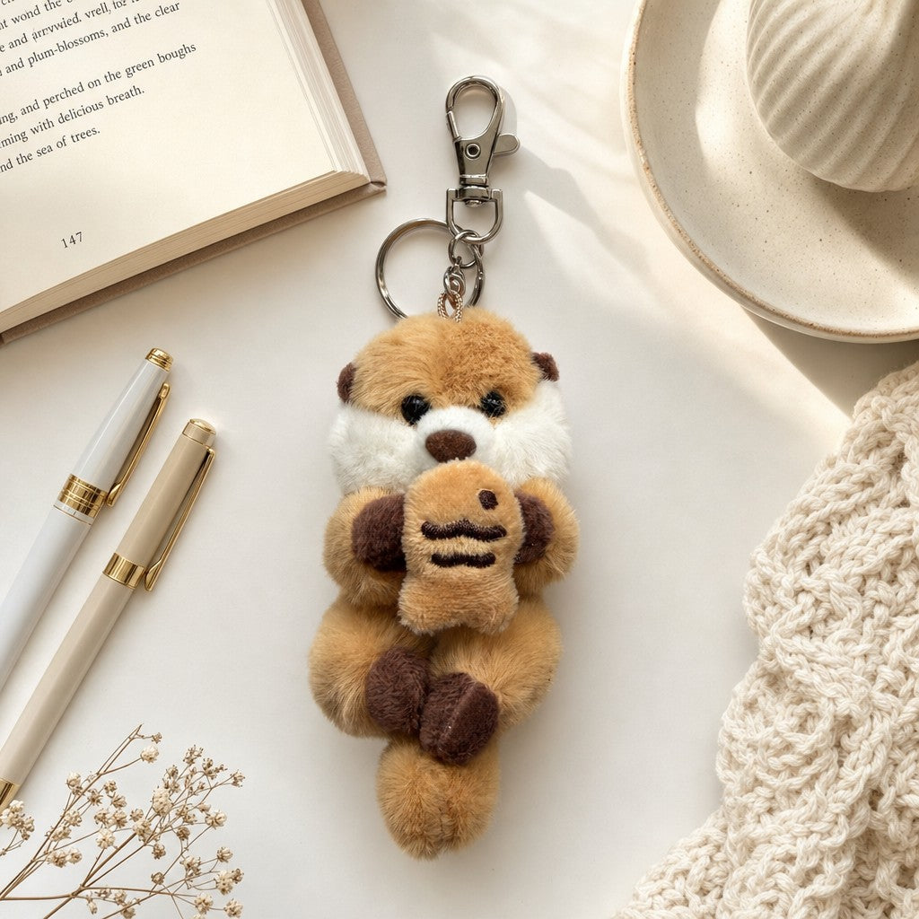 Sea otter Rakko-san holding Japanese fish snack taiyaki plush bag charm 