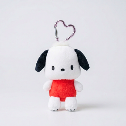 Pochacco plush heart bag charm in white and black with a silver carabiner clip, shown front-facing