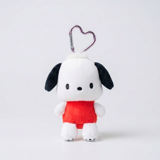 Pochacco plush heart bag charm in white and black with a silver carabiner clip, shown front-facing