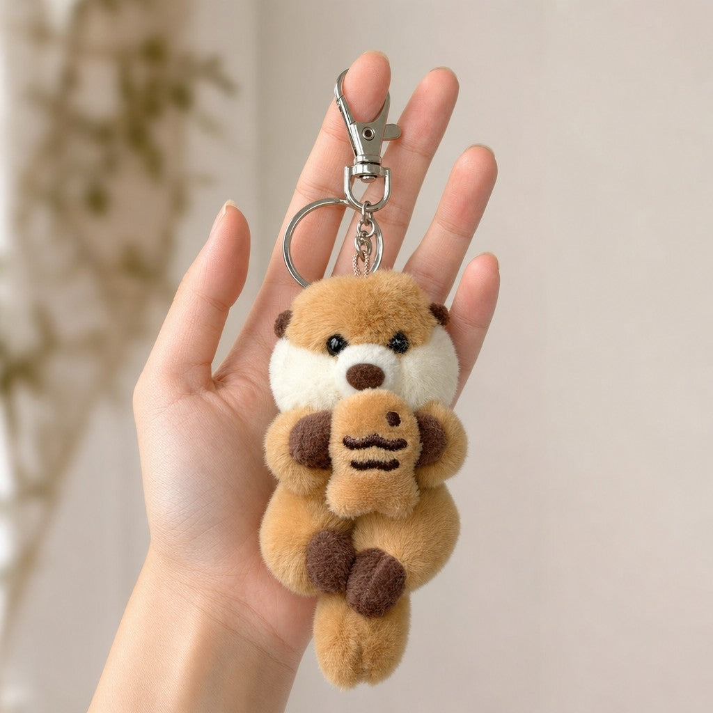 Kawaii sea otter Rakko-san plush keychain holding a taiyaki, shown in hand for scale (approx. 5 inches)