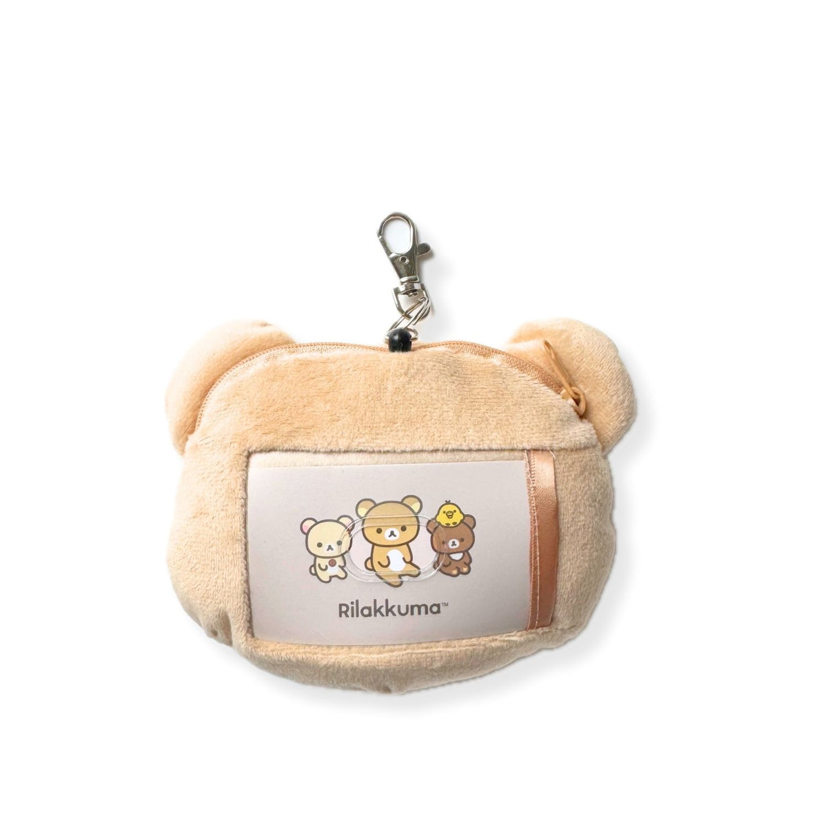 San-X Rilakkuma plush bag charm back view with clear card pocket, Japanese exclusive import character pouch keychain