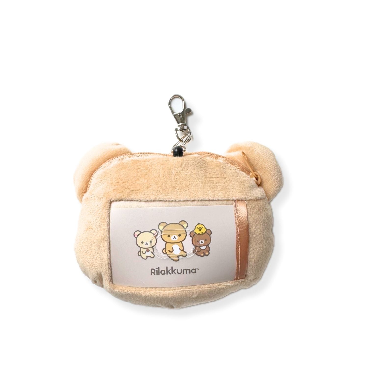 Rilakkuma plush bag charm back view with clear card pocket, Japanese character pouch keychain