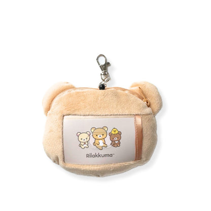 Rilakkuma plush bag charm back view with clear card pocket, Japanese character pouch keychain