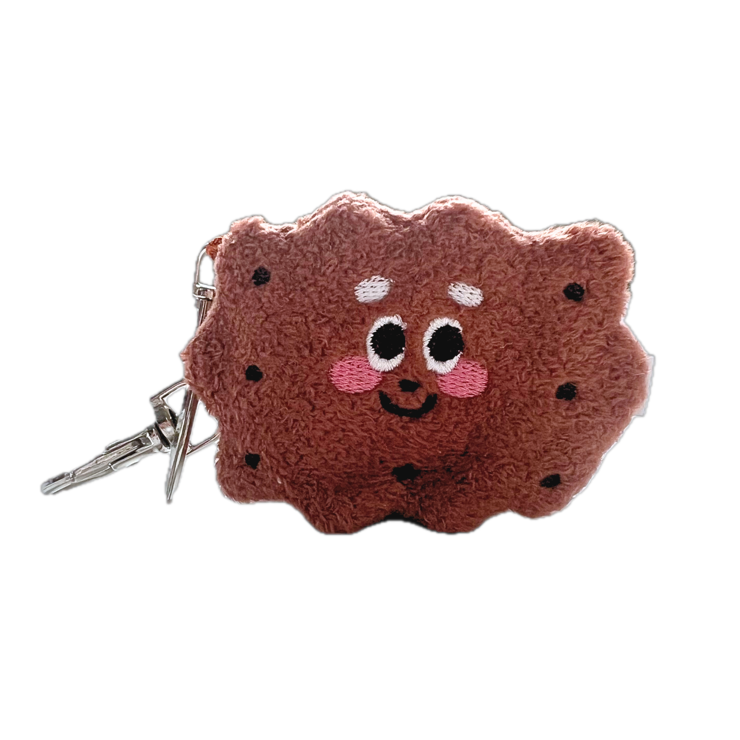 Chocolate sandwich cookie plush keychain featuring a smiling embroidered face, pink cheeks, and chocolate chip accents with silver keychain clip.