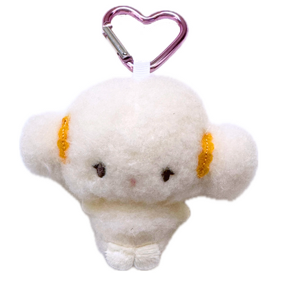 Plush Cogimyun keychain with pink heart clip – front view soft kawaii charm accessory with embroidered face and gold ear accents