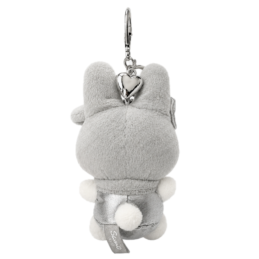 Back view of Sanrio My Melody Y2K silver plush keychain bag charm with fluffy tail and heart charm