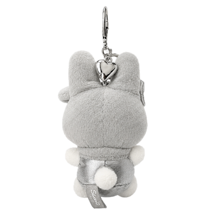 Back view of Sanrio My Melody Y2K silver plush keychain bag charm with fluffy tail and heart charm
