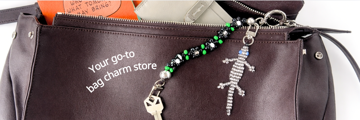 Beaded heart bag charm on a leather handbag — Sweet Kiri handmade bag charms