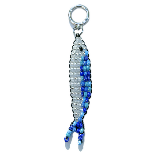 Front view of the Beaded Blue Sardine Bag Charm, featuring silver and blue glass beads in a fish shape with a secure keyring clasp.