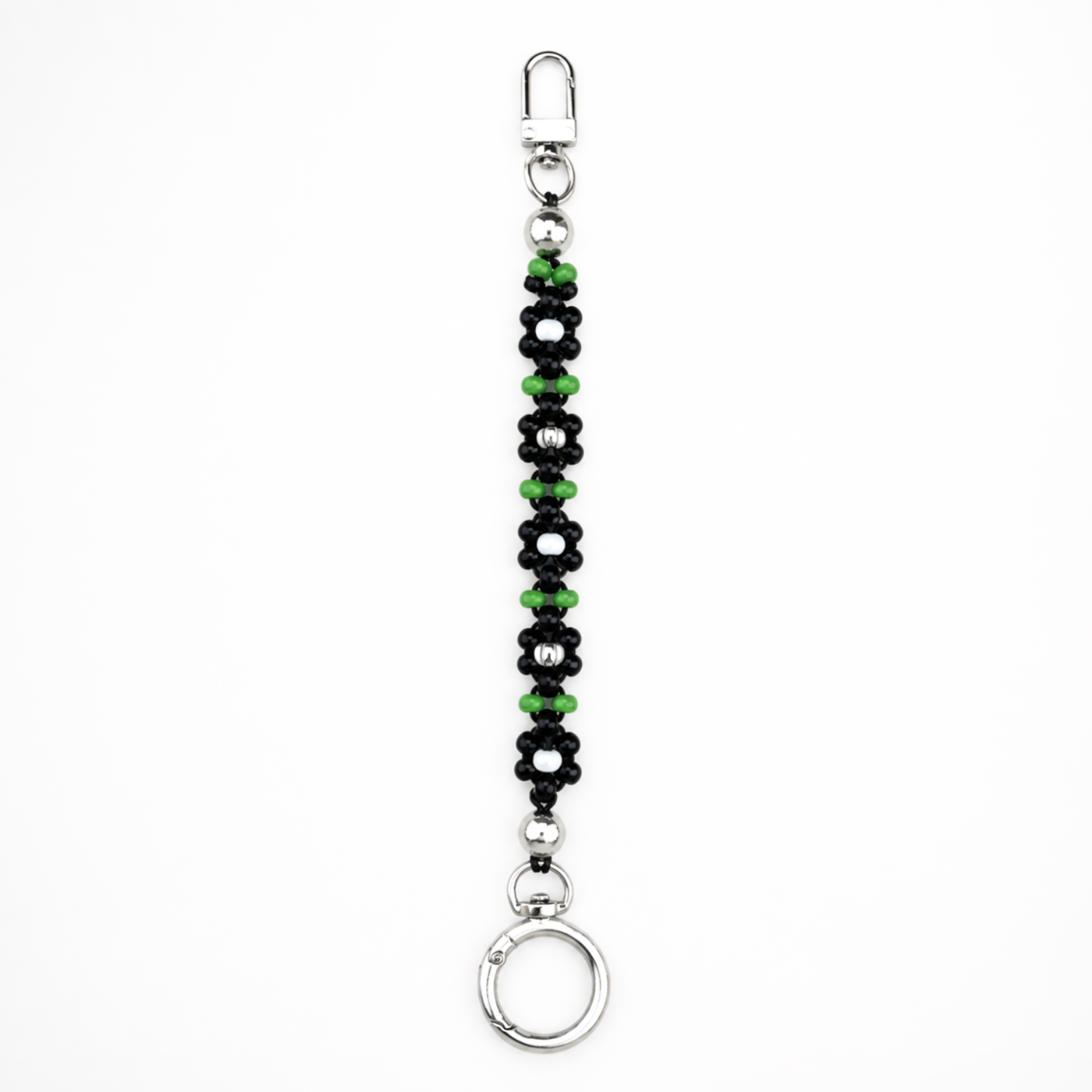 Handmade black and green daisy beaded ID badge holder with silver clasp, cute office accessory