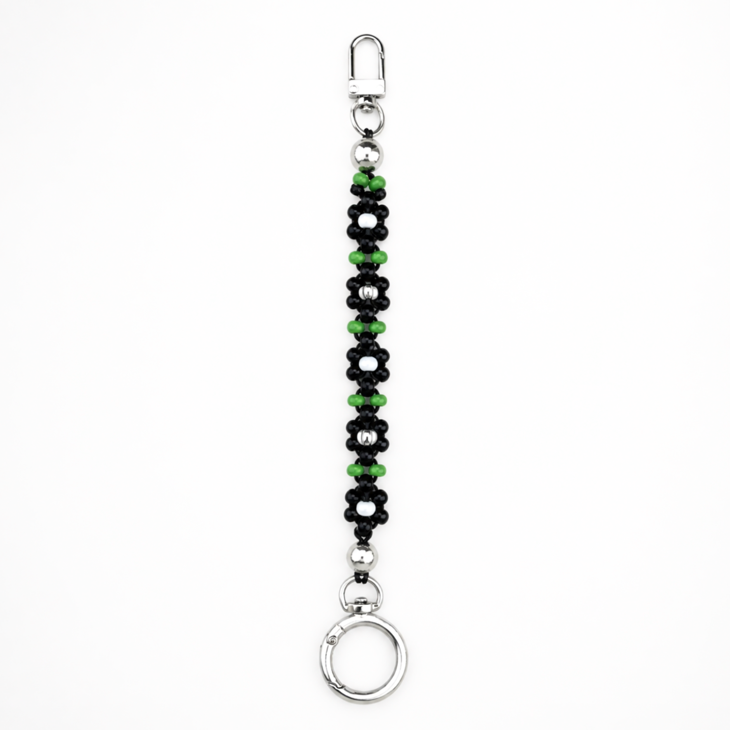 Handmade black and green daisy beaded ID badge holder with silver clasp, cute office accessory