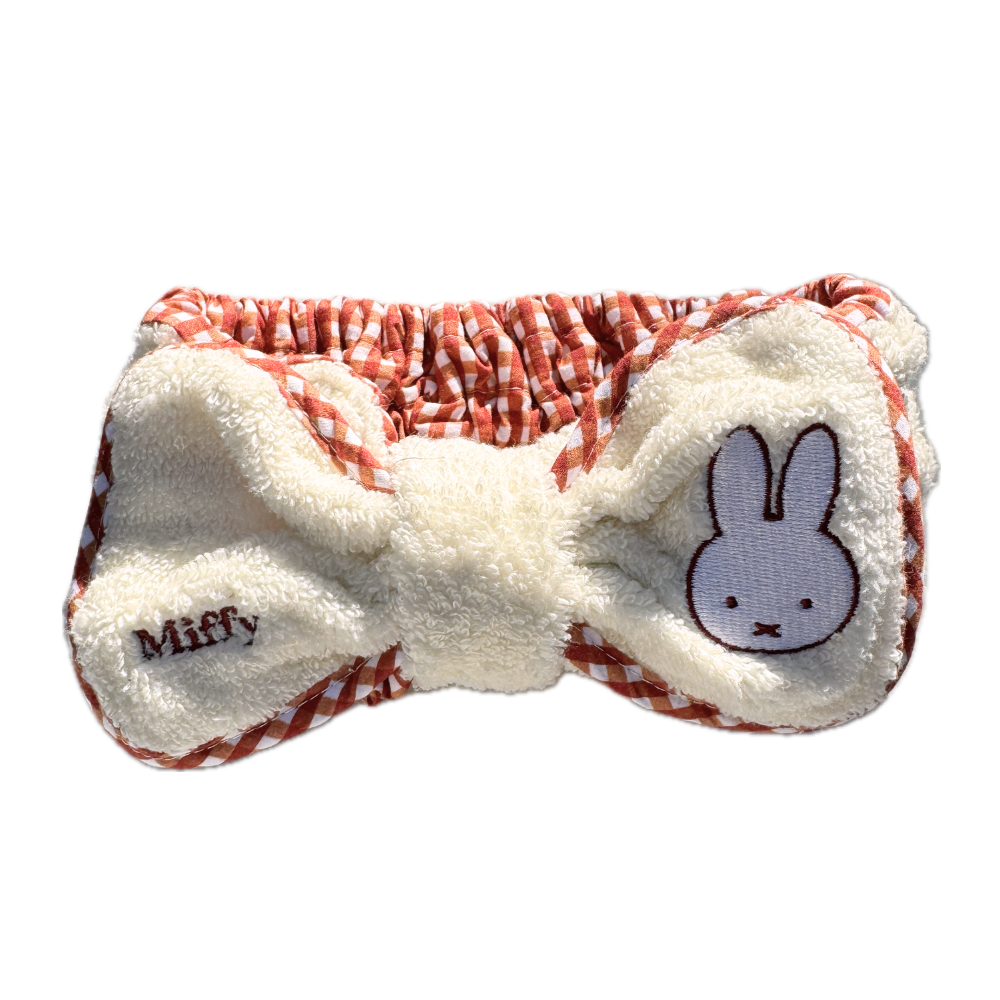 Cute bunny embroidered Miffy face on red spa headband with bow