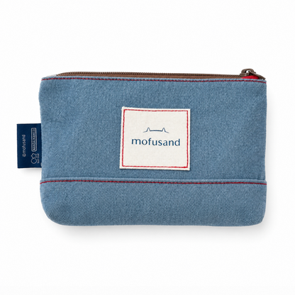 Back view of Mofusand Cream Soda Cats 8 x 5 inch pouch with quality beige canvas and denim with red stitch details and Mofusand logo patch