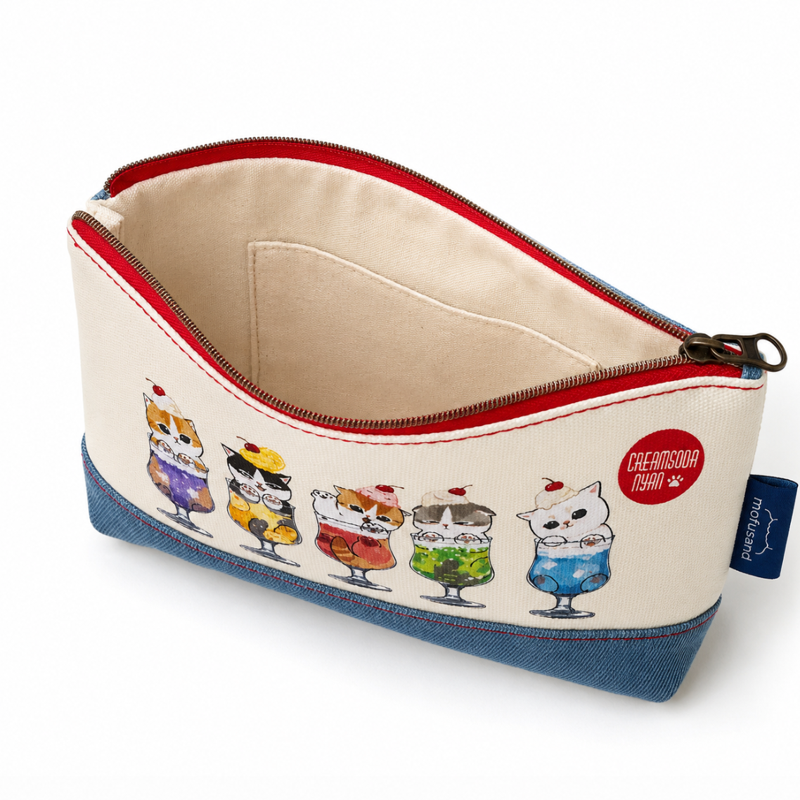 Open Mofusand Cream Soda Cats zipper quality canvas and denim pouch. Showing the interior and zippered opening with internal pocket, 8 x 5 inch Japan-exclusive import