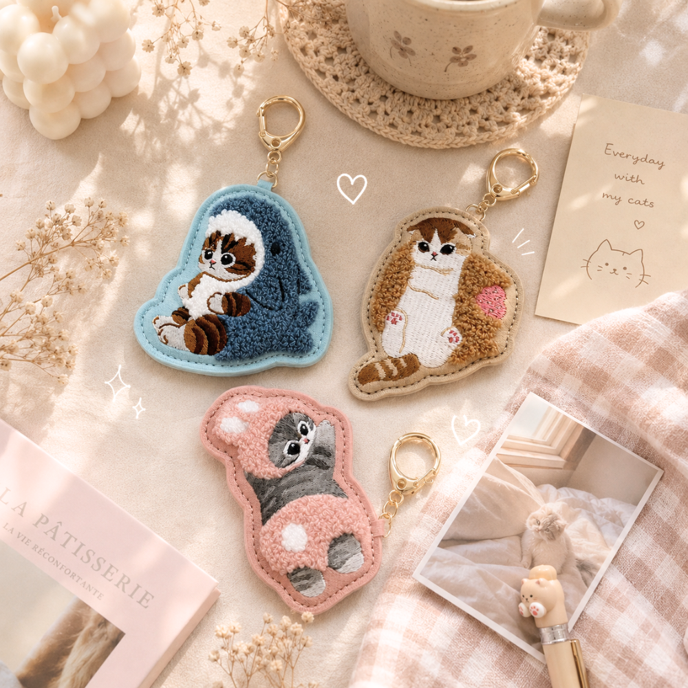 Mofusand embroidered keychain bag charm collection featuring bunny, shark, and strawberry cat designs