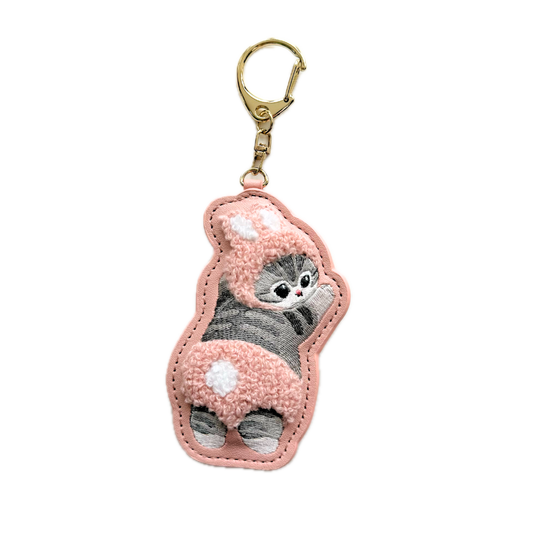 Mofusand bunny costume cat embroidered keychain bag charm in pink with premium vegan leather and gold-tone clasp